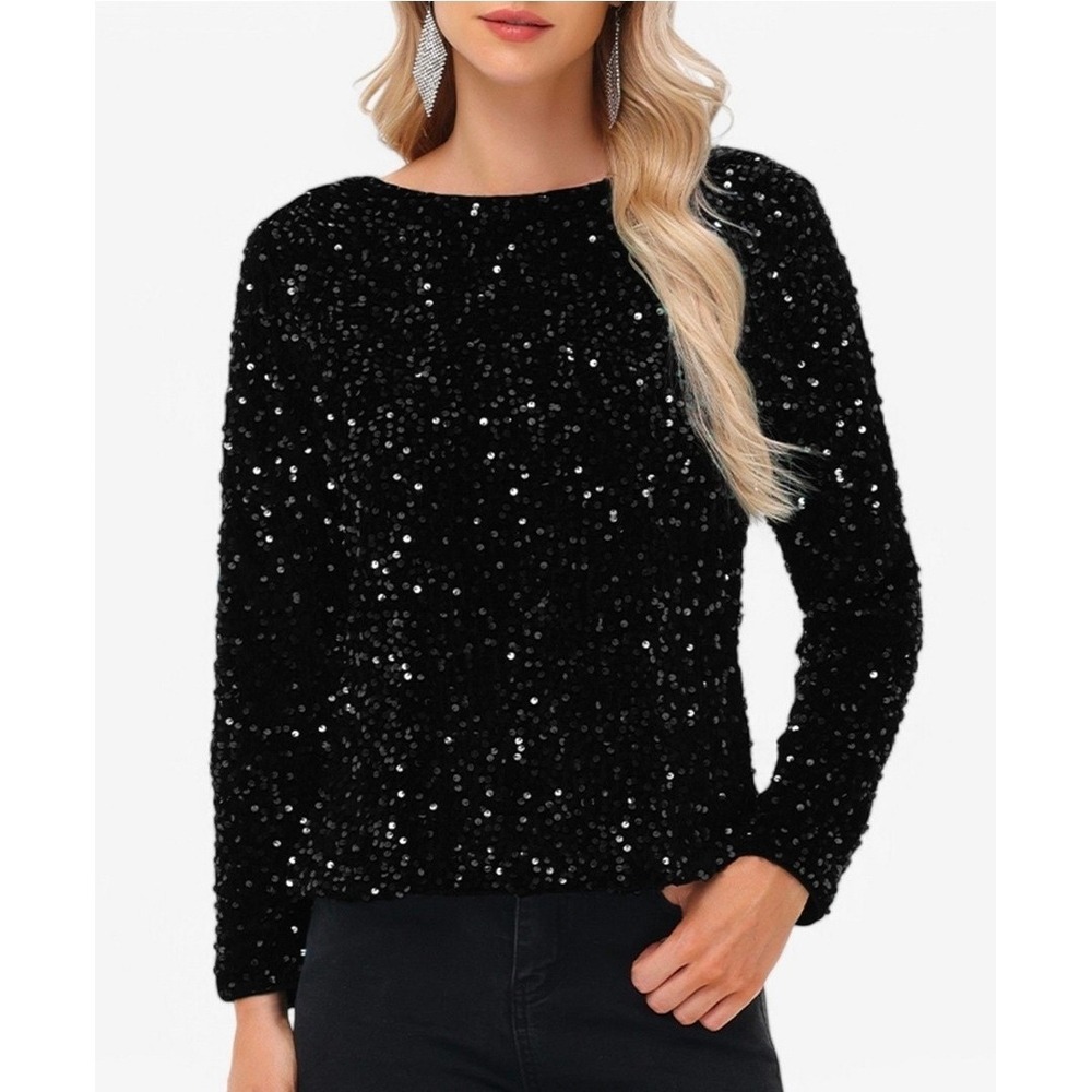 Anna-Kaci Sparkle & Shine Black Sequin Long Sleeve Top XL NEW